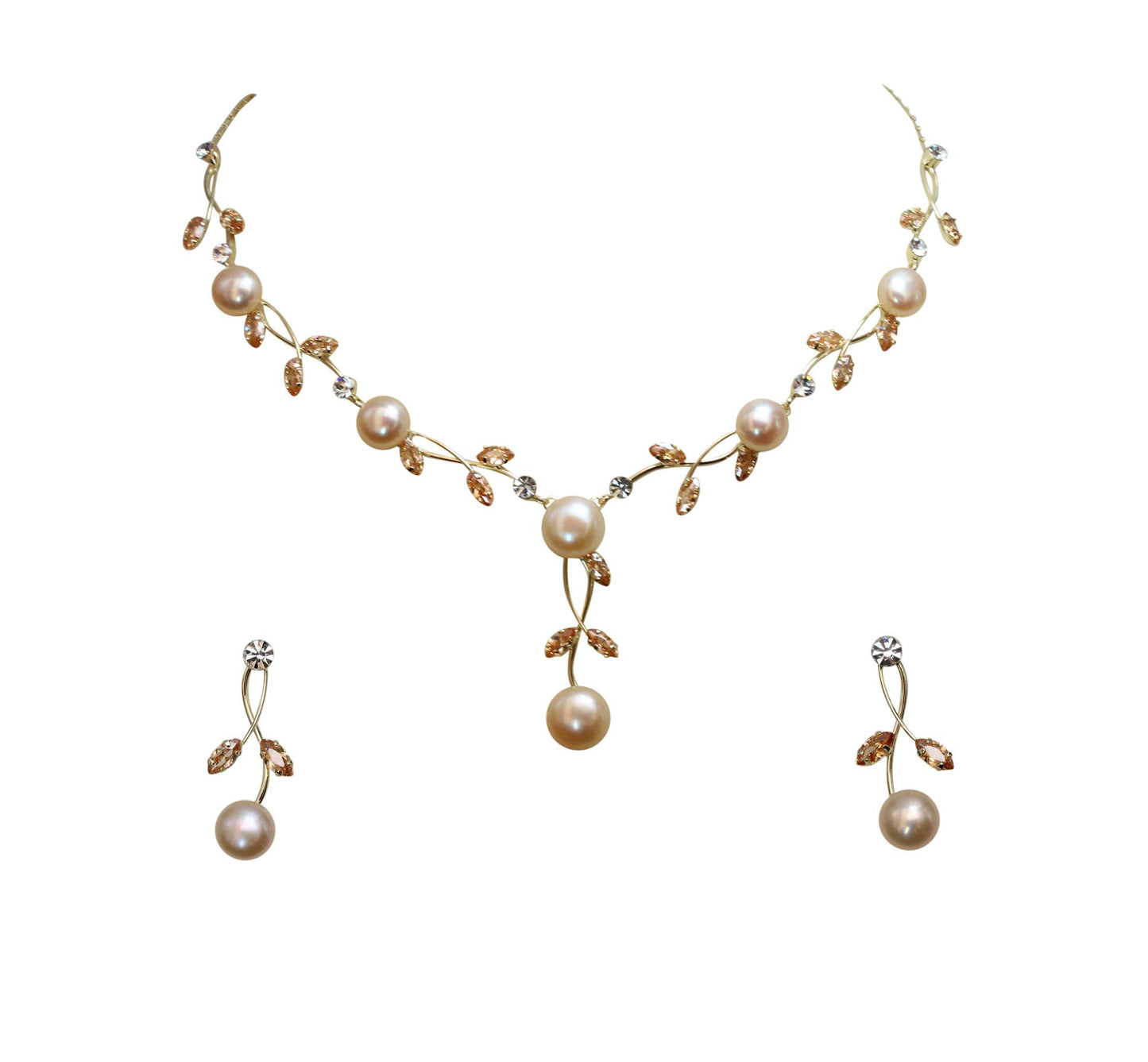 Faship Champagne Brown CZ Crystal Pink Genuine Freshwater Pearls Floral Necklace Earrings Set - Topaz Color Brown