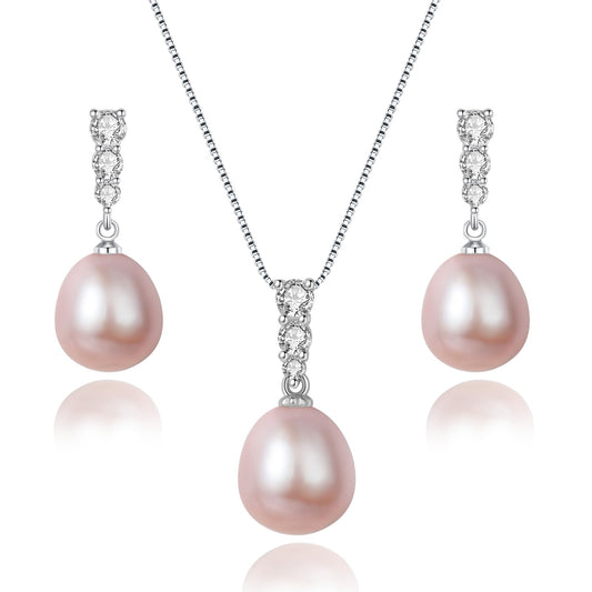 BAMIKI Purple Pearl Necklace and Earrings Set, Freshwater Cultured Pearl Jewelry Set in 925 Sterling Silver with CZ - Elegance for Wife, Mom, Girlfriend on Anniversary, Mother's Day, or Birthday