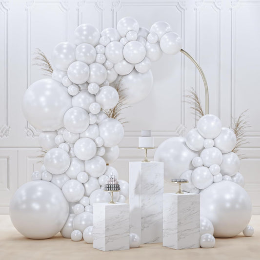 PartyWoo Pearl White Balloons - 145-Piece Metallic Latex Balloon Arch Kit for Weddings & Parties | 5-12 Inch Sizes