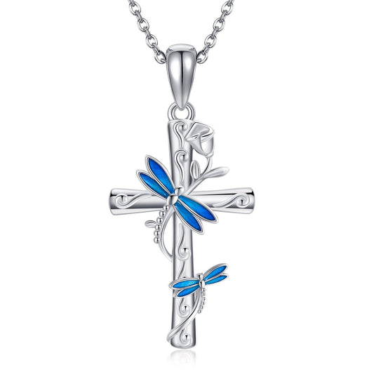 AXOMY Dragonfly Cross Necklace 925 Sterling Silver Cross Pendant Rose Necklace Dragonfly Jewelry Gifts for Women