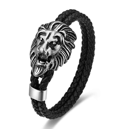BIYONGDE Mens Vintage Lion Bracelet, Braided Black leather Bangle Bracelet with Stainless Steel Roaring Lion Head for Men, Classic and Urban Style