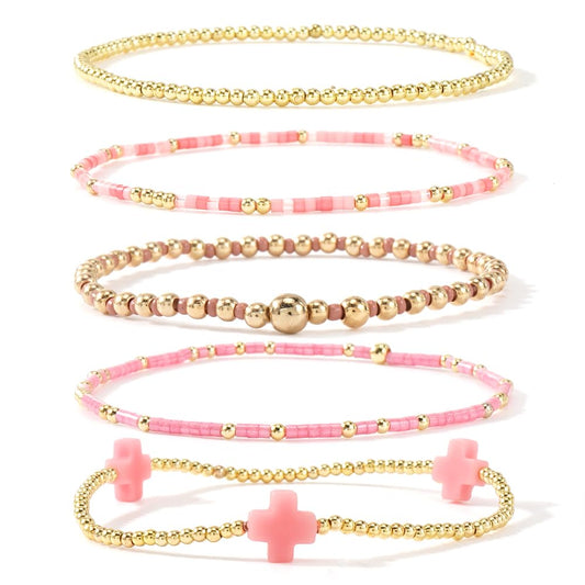 Bohxantium 14K Gold Plated Beaded Stretch Bracelets Stack Set for Women- Pink Stackable Elastic Waterproof Boho Style with Cross Bracelet - Colorful Seed Beads Jewelry Christian Faith Summer Gift