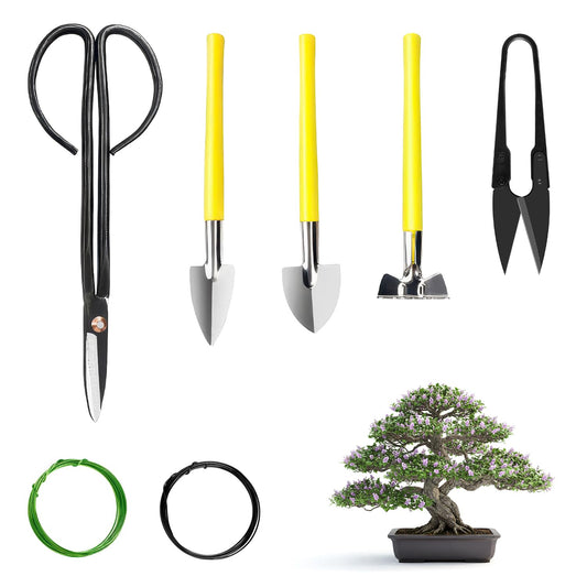 Bonsai Tools Set 7Pcs, MOSFiATA Bonsai Tree Tools Kit Succulent Trimming Tools Include Scissors, Cutters, Rake, Round and Pointed Shovel &Training Wire for Bonsai Beginner Gardening Gifts