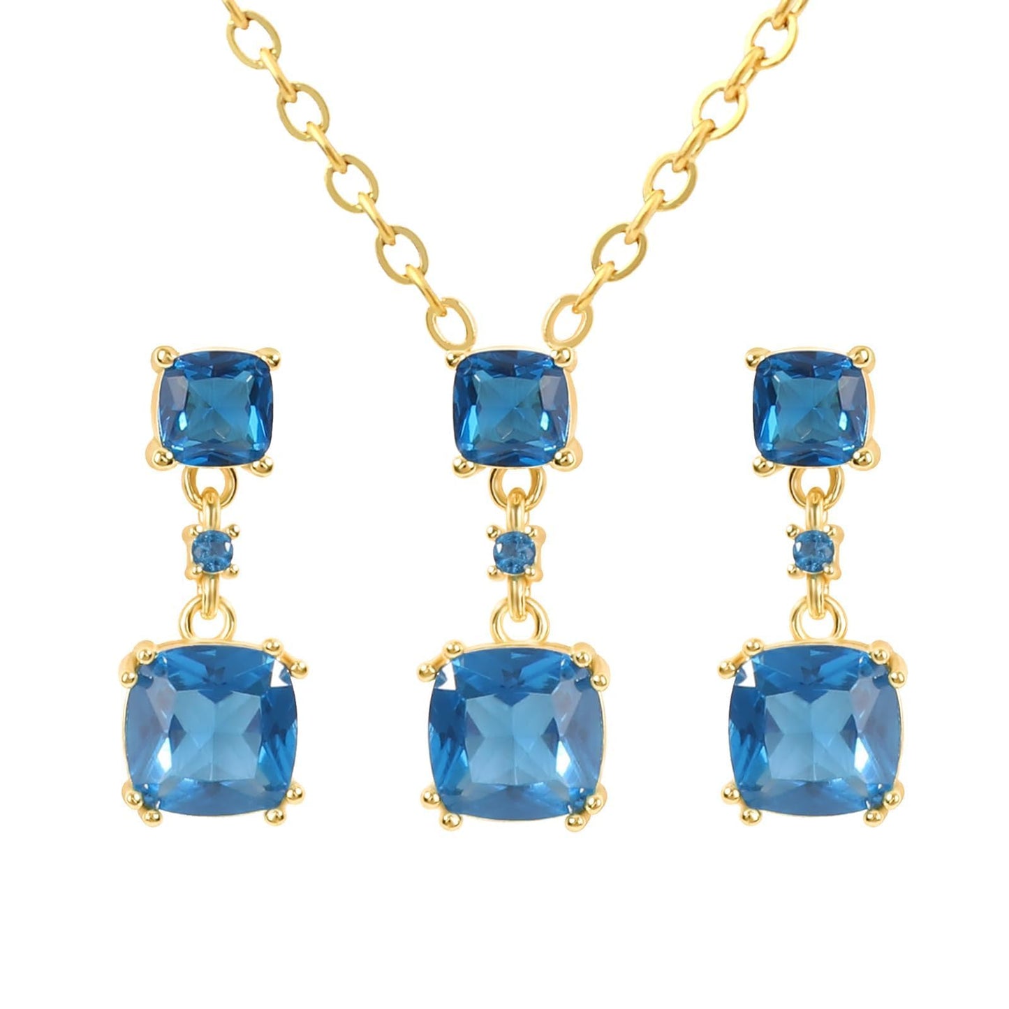 TaYolnFaSo Blue Cubic Zirconia Jewelry Sets for Women 14k Gold Plated Cushion-Cut Necklace Earring Set Blue JCZ ewelry Birthday Gifts for Mother