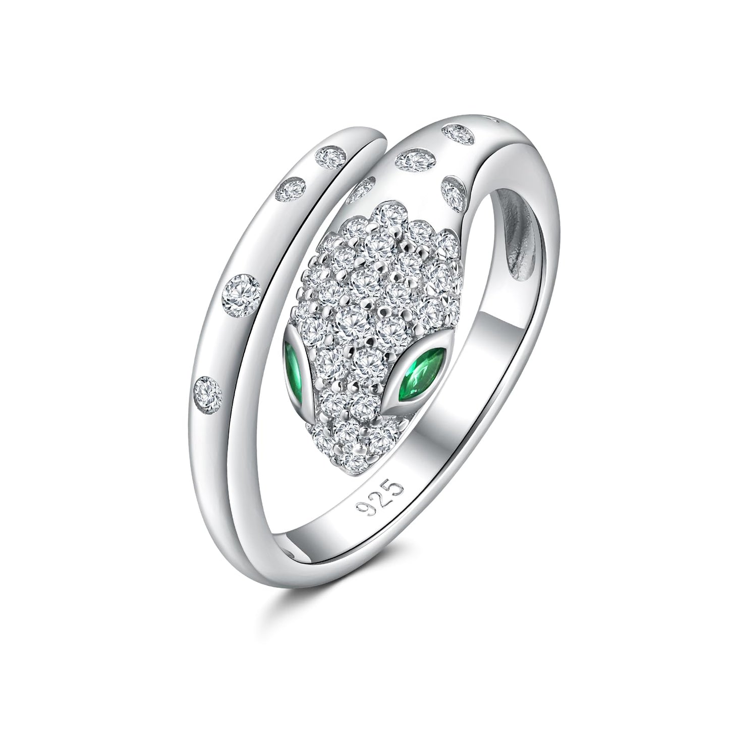 RANDES 925 Sterling Silver Snake Rings for Women Adjustable Gothic Rings Punk Jewelry 1 Carat Lab Diamond and Emerald Open Cocktail Ring Size 10