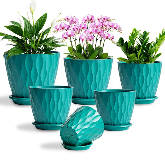 KEETUMOOD Plant Pots, Self Watering Planters with Drainage Holes and Trays, Flower Pots for Indoor Outdoor - 6 Pack(4/5/6/6.5/7/8 Inch) (Dark Green)