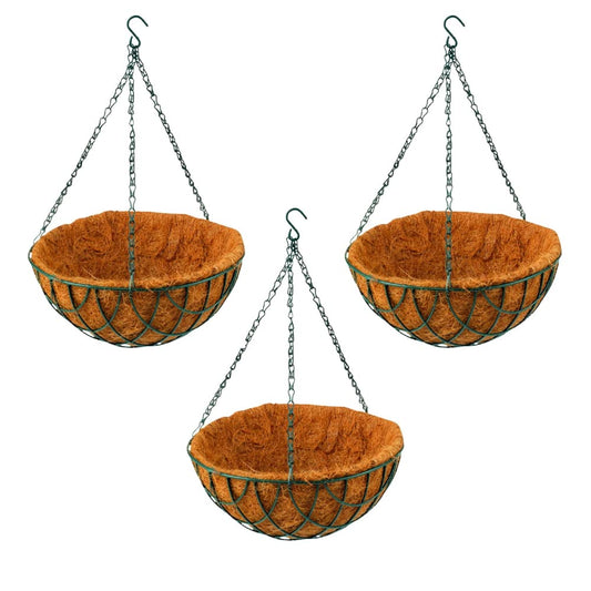 Rocky Mountain Goods Green Hanging Basket with Natural Coconut Liner - Thick Coco Liner Hanging Planter for Less Watering - Extra Strength Chain and Hook Included (3, 12")