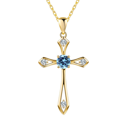14K Gold Plated Solid Cross Necklace for Women,925 Sterling Silver Ladies Faith Cross Birthstone Pendant Christian Religious Confirmation Baptism Everyday Jewelry Anniversary Birthday Gifts for Her