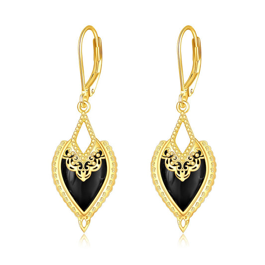 Black Onyx Drop Earrings for Women Sterling Silver 18K Yellow Gold Plated Filigree Black Onyx Dangle Leverback Earrings Jewelry Gifts