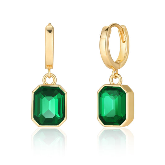 Birthstone Crystal Dangle Drop Earrings, 18K Gold Plated Huggie Hoop Hypoallergenic Earring Jewelry Gifts for Women (Green)