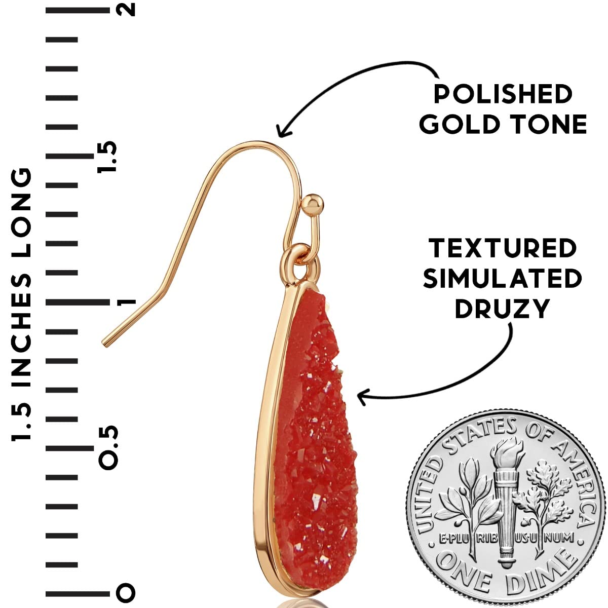 Simulated Druzy Drop Dangles - Sparkly Bohemian Long Teardrop Dangly Earrings for Women, Gold Tone - Red Stone