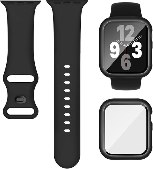 Compatible for Apple Watch Band 44mm 45mm and Case with Screen Protector, Soft Silicone Sport Strap Bands and Protective Cover with Tempered Glass for iWatch Series 9 8 7 SE 6 5 4