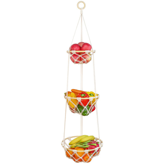 3 Tier Macrame Hanging Fruit Basket, Boho Vegetable Holder for Kitchen Food Storage with Hook, Bohemian Cotton Produce Multi Organizer, Plant Hanger Decor for Home Living Room Women Christmas Gift