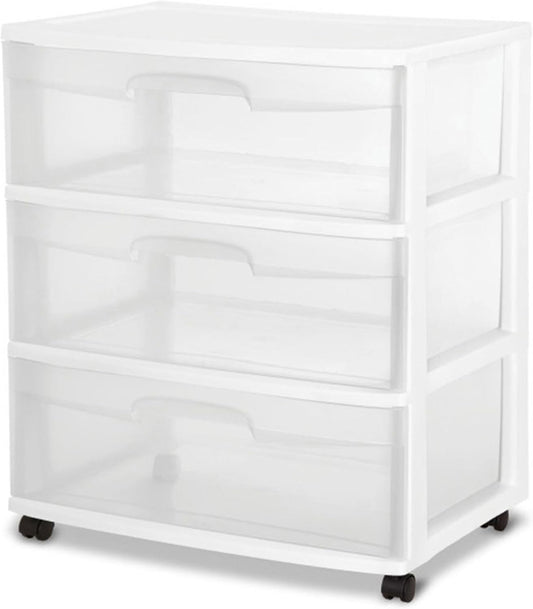 Sterilite Wide 3 Drawer Storage Cart - Rolling Plastic Organizer with Wheels | White & Clear Drawers