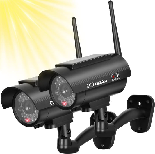 BNT Dummy Indoor/Outdoor(2Pack, Solar Powered Fake Security Camera, Bullet Security Camera Simulated Surveillance