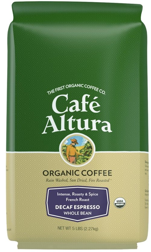 Cafe Altura Whole Bean Organic Coffee, Decaf Espresso - Water Process, 5 lb Bag