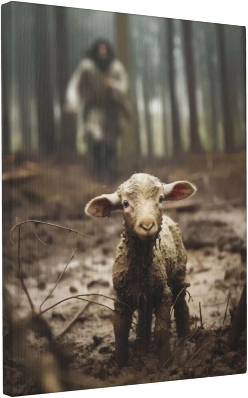 FOSMXA Jesus and Lamb Canvas Wall Art - Inspirational Christian Decor for Bedroom or Living Room | 12x16 Inch