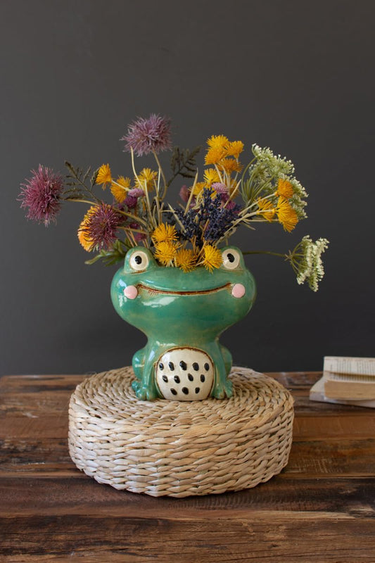 KALALOU Ceramic Quirky Frog Planter, 8-inch Height, Home Decor, Green, CDV2298