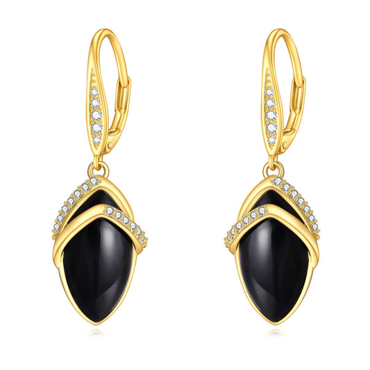Black Onyx Drop Earrings for Women Sterling Silver 18K Yellow Gold Plated Filigree Black Onyx Dangle Leverback Earrings Jewelry Gifts