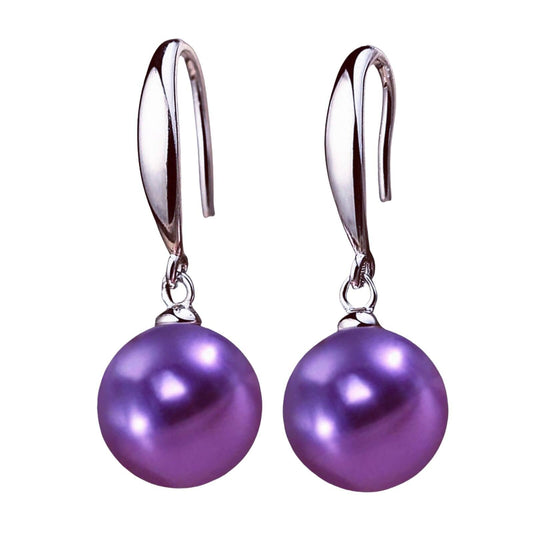 12mm Natural Ocean Pearl Freshwater Cultured Colorful Simulated Beads Drop Dangle Earrings Elegant Birthday Wedding Party Costume Prom Statement Jewelry for Women-purple