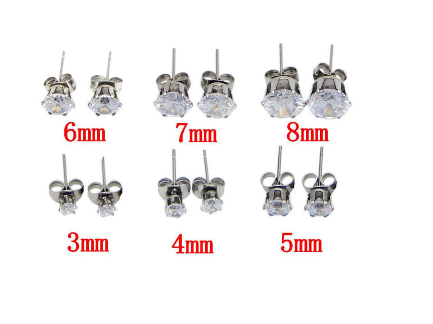 Stainless Steel Stud Earrings Hypoallergenic Cubic Zirconia (6Pairs) (Silver)
