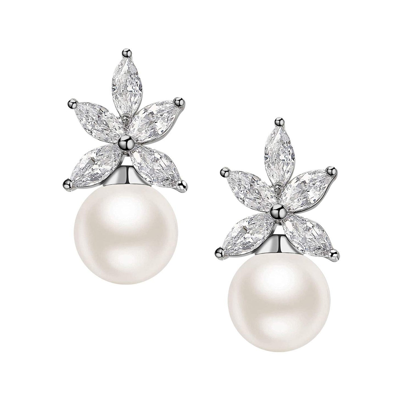 SWEETV Cluster Pearl Wedding Earrings for Birdes Bridesmaid, Crystal CZ Pearl Stud Earrings for Women Prom Formal Dress, Ivory