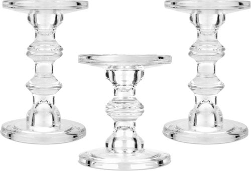 CHILL RECIPE Glass Candle Holder Set - Heavy Tall Crystal Holders for Pillar & Taper Candles | Set of 3