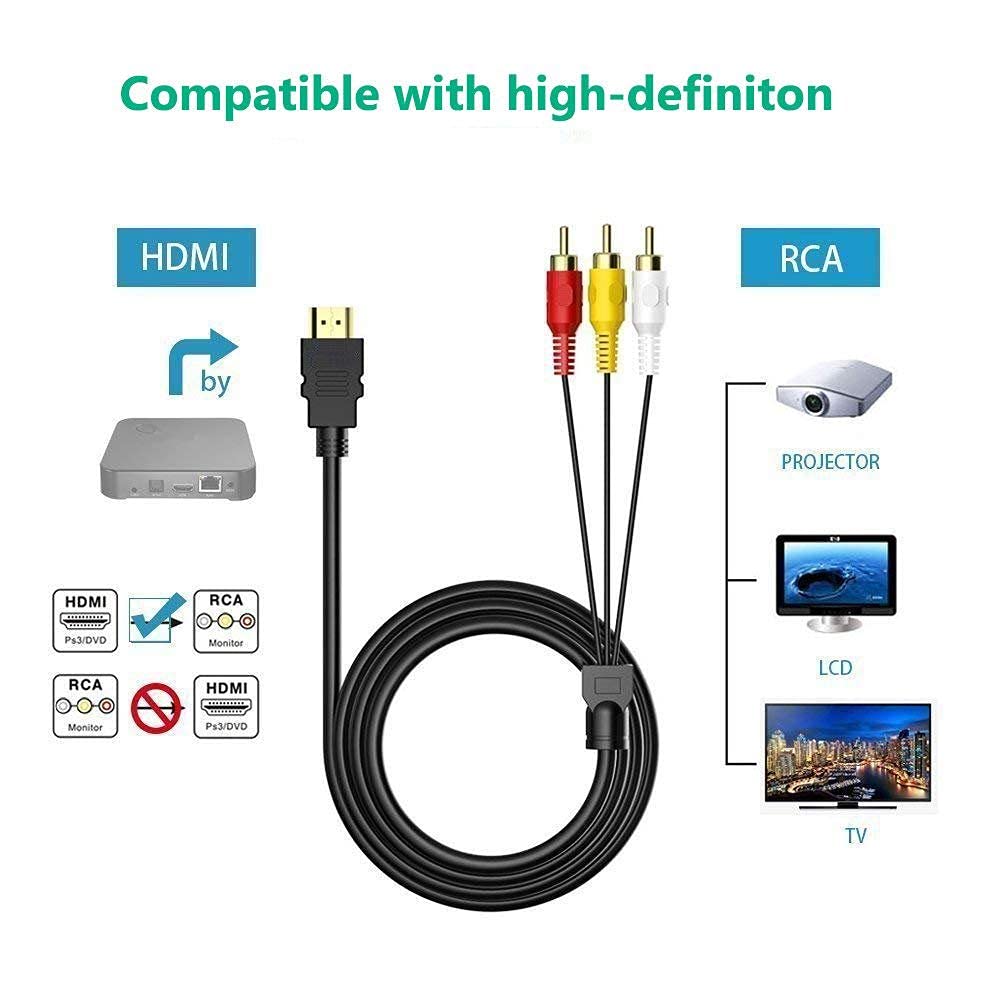 BERLAT 1080P 5ft 3-RCA HDMI to RCA Cable, HDMI Male to Video Audio AV Cable Connector Adapter One-Way Transmitter
