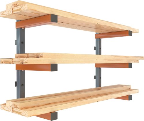 BORA 3-Level Wood Storage Rack - Heavy-Duty Wall-Mounted Shelf for Lumber | 300 lb Capacity, Orange/Black