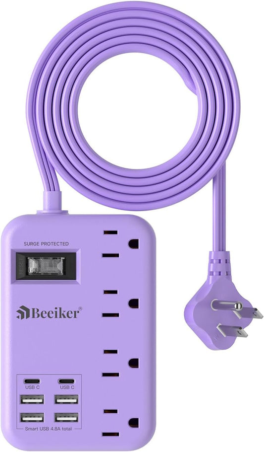 Beeiker 6 USB(2 5Ft 24W 4 USB C) Purple Travel Power Strip- Lavender Extension Cord with USB Charging Station