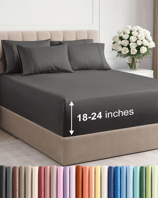 Skiennix Extra Deep Full Sheet Set | 6-Piece Breathable Cooling Bedding - Soft, Wrinkle-Free Charcoal