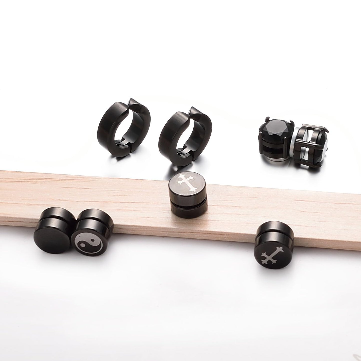 Airokiy 4 Pairs Magnetic Earrings For Men Non Pierced Fake Earrings For Men Black Clip On (8/13mm)