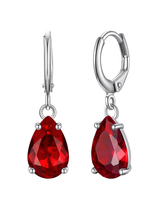 Bestyle Sterling Silver Teardrop January Dangle Drop Birthstone Earrings - Sparkle Red Garnet Earrings for Women Dangling -Small Silver Huggie Hoop Earrings For Women