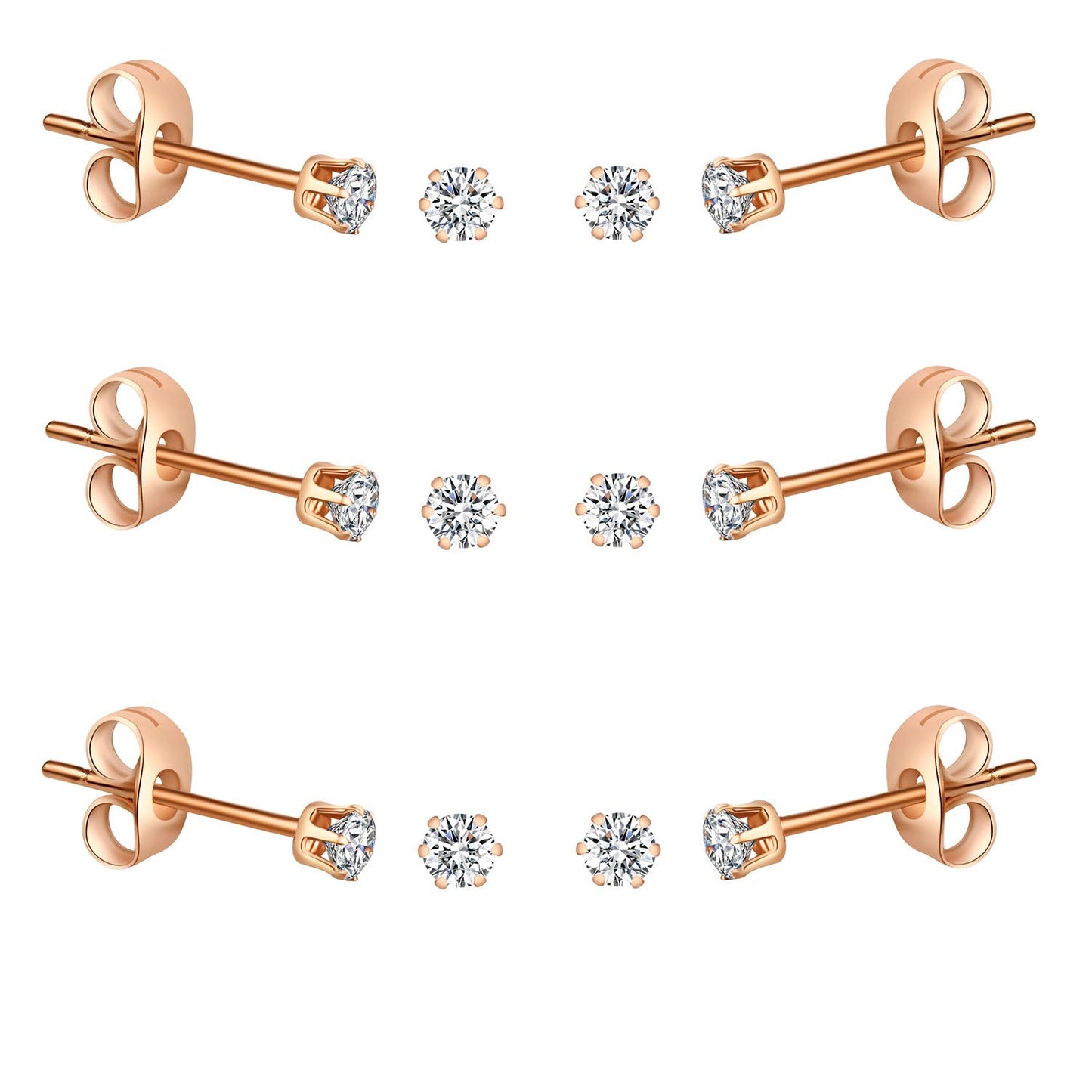 FOSIR 6 Pairs Tiny Women's 14K Rose Gold Plated Stainless Steel Round Clear Cubic Zirconia Stud Earrings