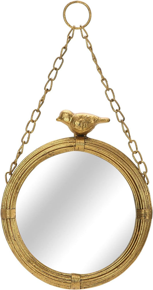 NIKKY HOME Vintage Round Metal Framed Hanging Mirror - 6.7 Inch Decorative Wall Decor with Bird | Rustic Gold Finish