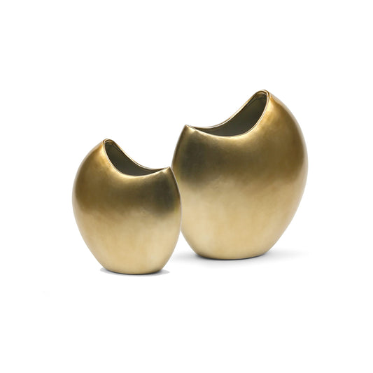 WGV Ceramic Moon Vase, 8.5" H, 11" H, Crescent Gold Pot, Round Circular Bouquet Planter for Wedding Office Home Decor, Set of 2 Vases (CUD5108GD+CUD5111GD)