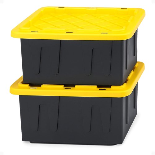 HOMZ Heavy Duty Plastic Storage Bins - 15 Gallon Stackable Containers with Lids | Black/Yellow