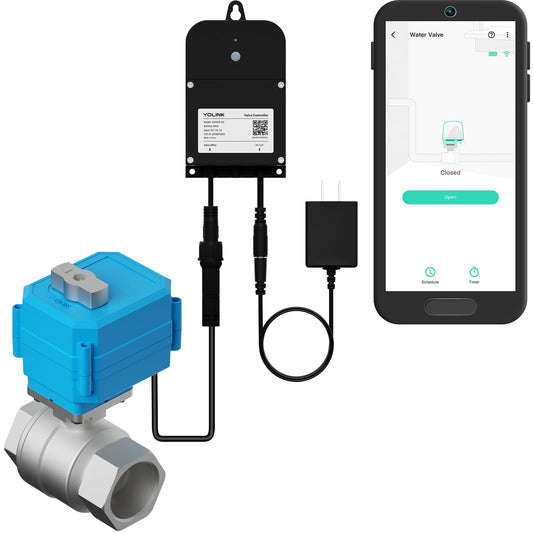 YoLink Wireless Smart Valve Control Kit, NSF Certified 1-1/2" Stainless Steel Motorized Valve, Wireless Controller 2, LoRa Long Range, D2D Offline with Leak Sensors, 2 Years Battery backup