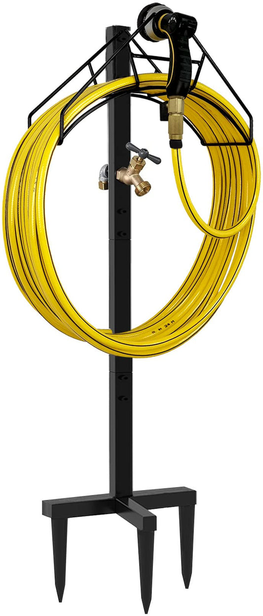 Artigarden Freestanding Outdoor Garden Hose Holder Stand with Brass Faucet, Heavy Duty Metal Water Hose Reel Storage Stake Rack for Backyard, Black (Hose not Included)