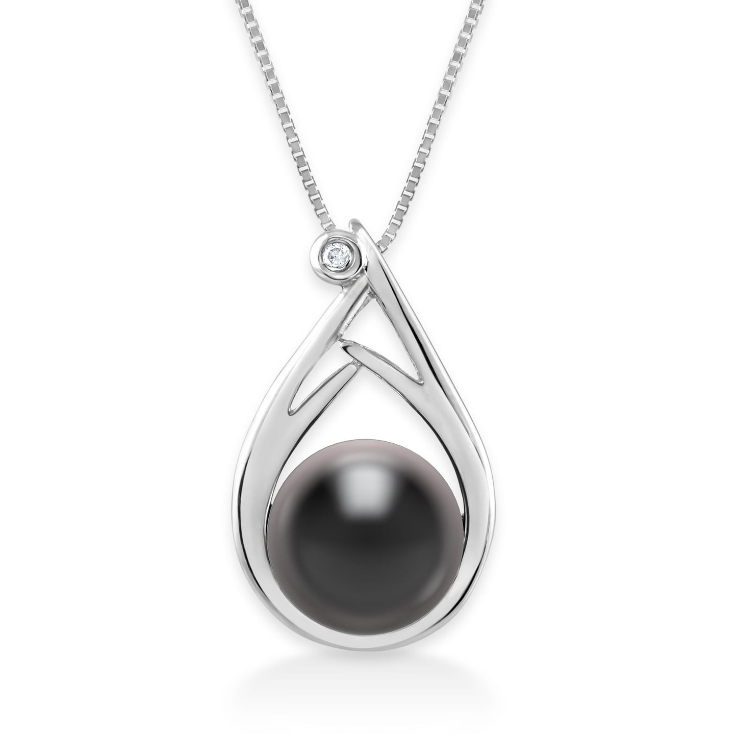 Belacqua Tahitian Black Pearl Diamond Pendant and Drop Dangle Earring Set in Sterling Silver, 18"