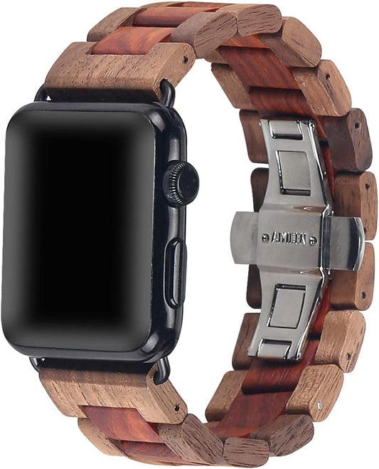 AIYIBEN 42mm 44mm 45mm 49mm 2 9 8 7 6 5 4 3(Walnut Wooden Watch Band with Stainless Steel Butterfly Buckle Compatible