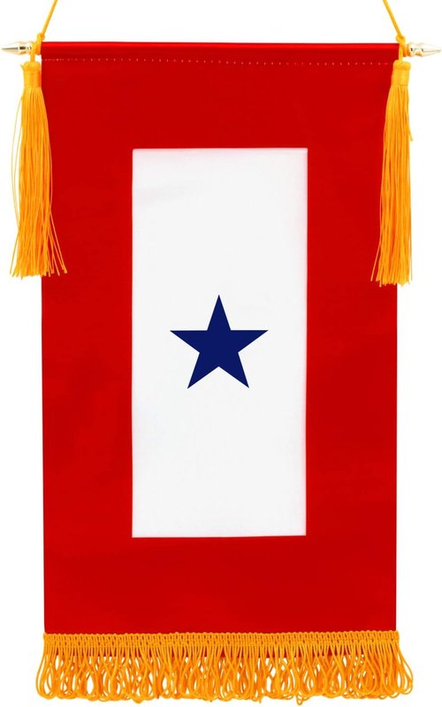 ANLEY Military Service Banner - American Family Member Blue Star Flag - 15" X 8" Fringed Design with Wooden Pole & Golden Tassels