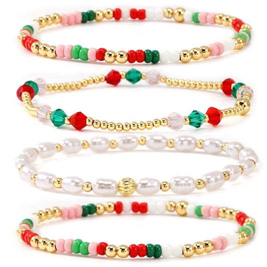 Bohxantium Christmas Gold Crystal Pearl Beaded Bracelet Set for Women Stackable Red Green White Gold Beads Handmade Boho Stretch Crystal Pearl Jewelry Holiday Festive Party Vacation New Year Xmas Gift