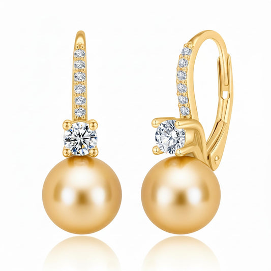 BAMIKI Golden Pearl Drop Dangle Earrings 925 Sterling Silver 14K Gold Plated Cubic Zirconia Leverback Earrings, 8MM Round Saltwater Cultured Pearls Jewelry Gifts for Women Wife Mother
