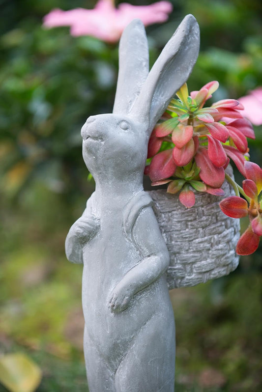 T2 CONCEPT 19.5-Inch Cement Rabbit Planter with Basket, Weathered Gray Finish, Decorative Garden Statue, Indoor Outdoor Succulent Pot, Vintage Home Decor Accent for Plants - 8.5" x 5.5" x 19.5"