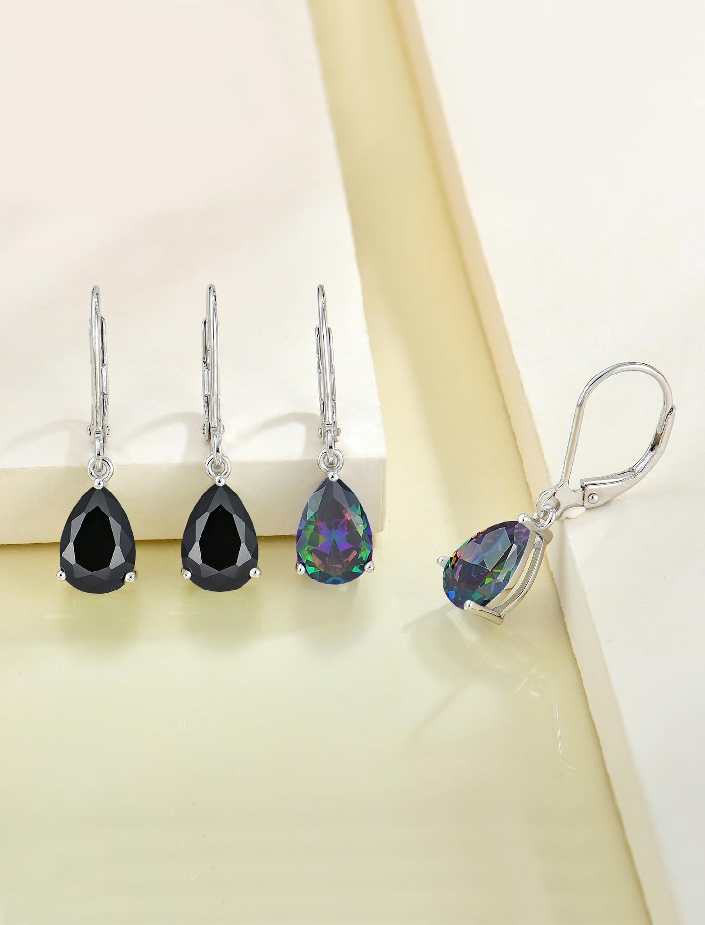 YL 925 Sterling Silver Teardrop Dangle Drop Earrings for Women 7x10 MM Solitaire Black Zirconia Leverback Jewelry