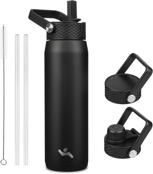 Skiennix 25oz Insulated Stainless Steel Water Bottle - Leakproof BPA-Free with 3 Lids for Gym & Travel | Black