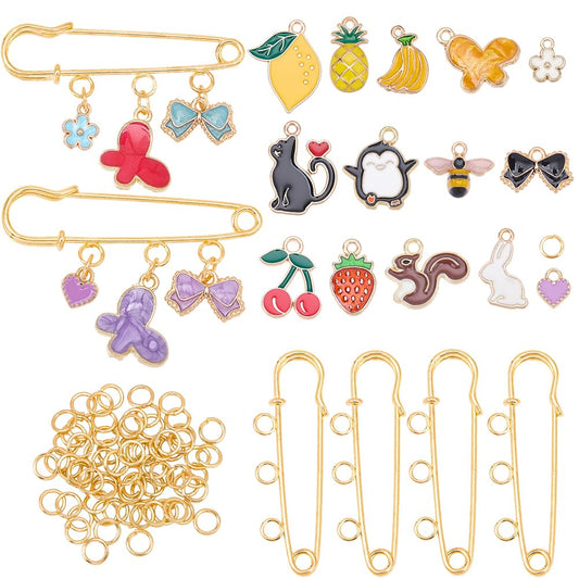 BEAMARKER 180Pcs DIY Safety Pin Charms Colorful Alloy Enamel Heart Butterfly Bow Rabbit Bees Strawberry Safety Iron Jump Rings Brooches Charms Pendants Findings Kits for Brooches Pins DIY Making Decor