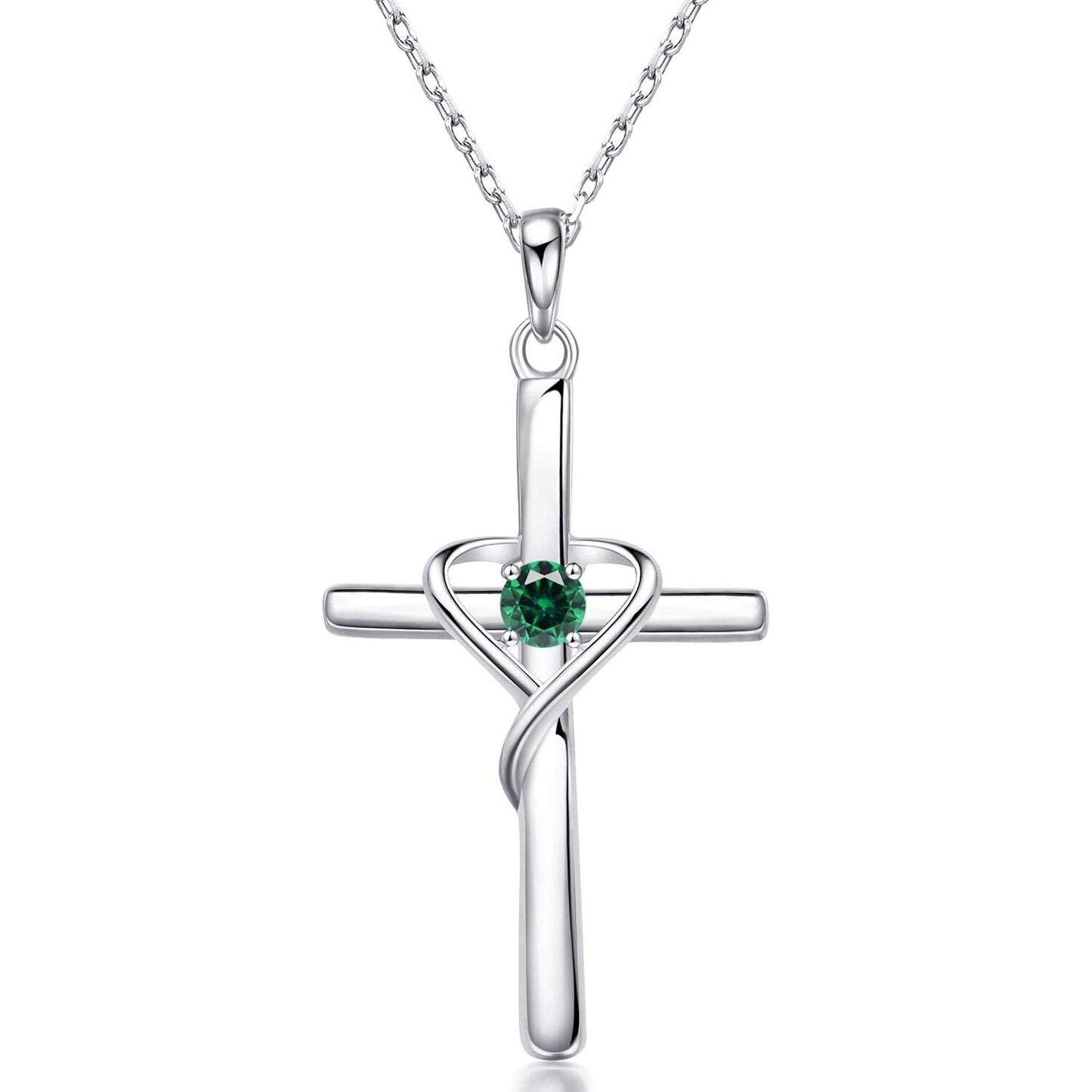 AmorAime 925 Sterling Silver Cross Necklace for Women Men 14K Gold Plated 5A CZ Birthstone Necklaces for Holiday (E.Green-May-Emerald)