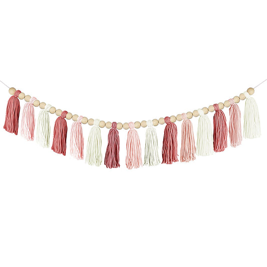 Boho Yarn Tassel Garland - Handmade Wall Hanging Decor for Nursery, Baby Shower, Kids Room, Classroom, Birthday Party - Macrame Tassels Banner for Bedroom, Office, Home Decoration (Pink)